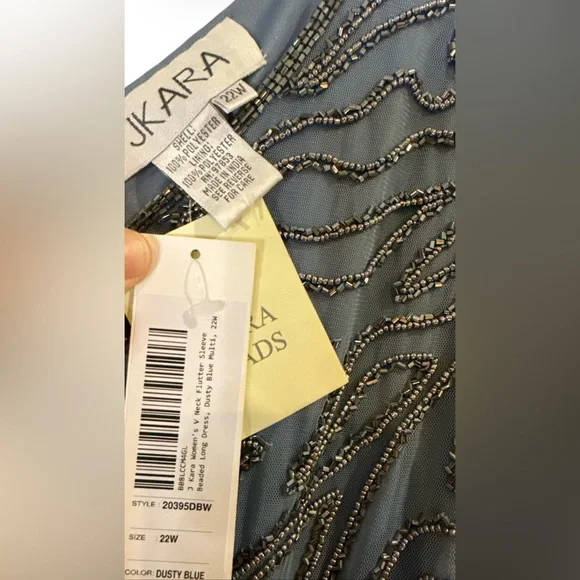 J Kara Dusty Blue Beaded Flutter Sleeve Maxi Gown – Elegant Formal Evening Dress - Picture 7 of 9